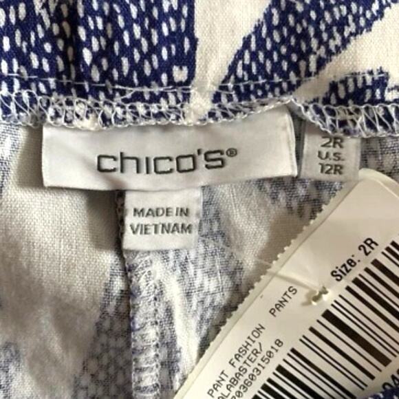 Chico's Pants NWT Women's Size (12) Linen Vacation Colorful Blue Leaf Wide Leg - Picture 5 of 9